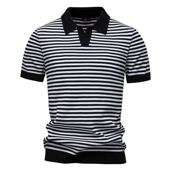 Knit V-Neck Polo Shirt With Textured Stripes