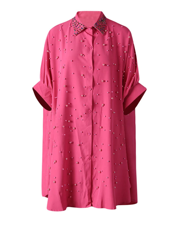 Embellished Half Sleeve Oversized Shirt Mini Dress