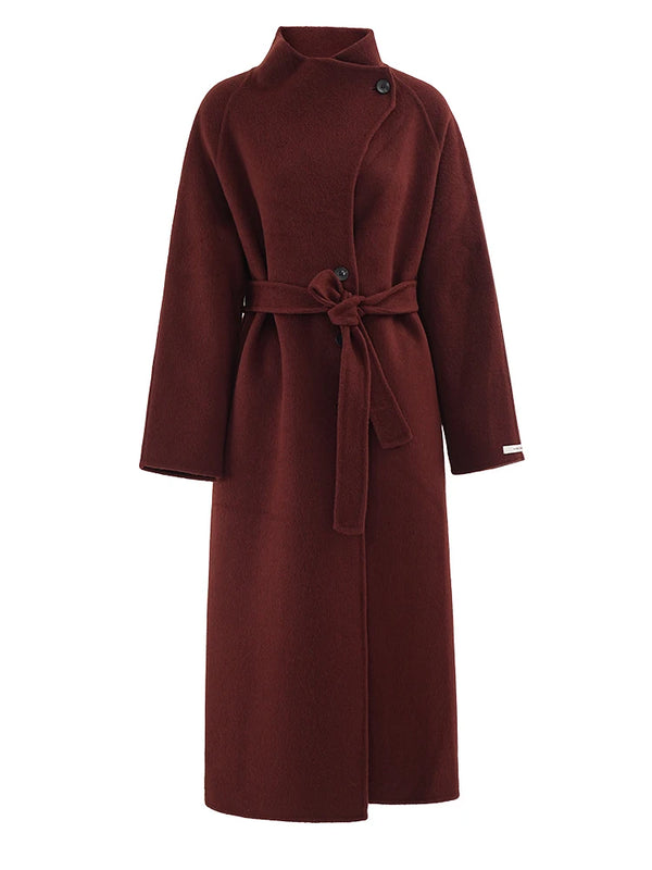 Stand Collar Long Sleeve Belted Thick Woolen Trench Coat In Red