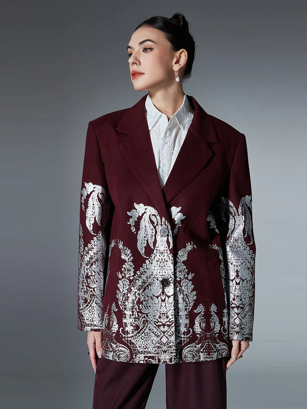 Notched Collar Long Sleeve Single Breasted Blazer In Burgundy