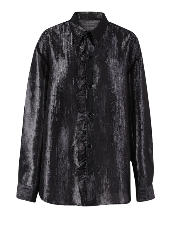 Ruffle Oversized Long Sleeve Shirt In Black