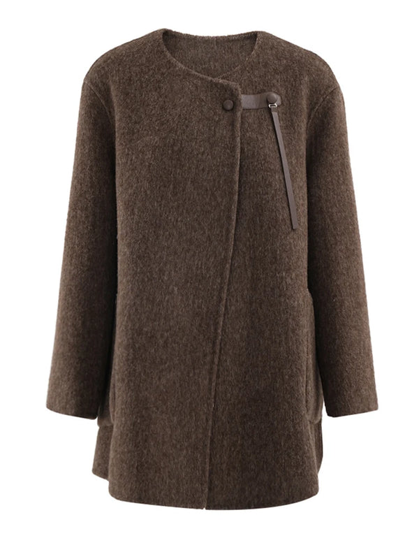 O-neck Long Sleeve Woolen Coat