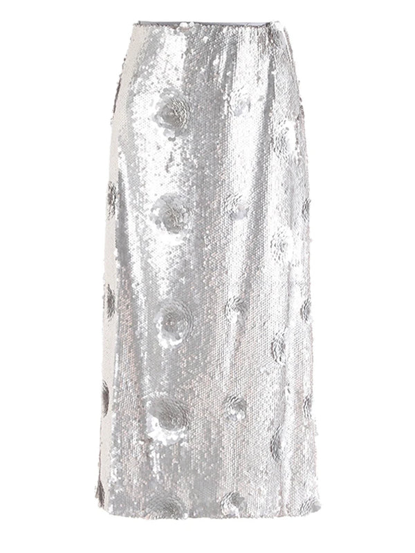 Flower Sequin Midi Skirt in Silver
