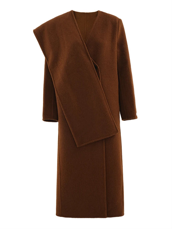 V-neck Long Sleeve With Scarf Woolen Coat In Brown