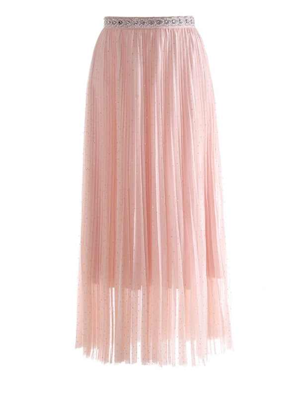 High Elastic Waist Pleated Rhinestones Midi Skirt