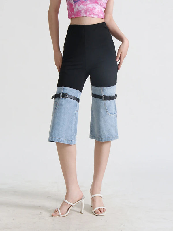 Patchwork Belt High Waist Spliced Pockets Knee Length Pant