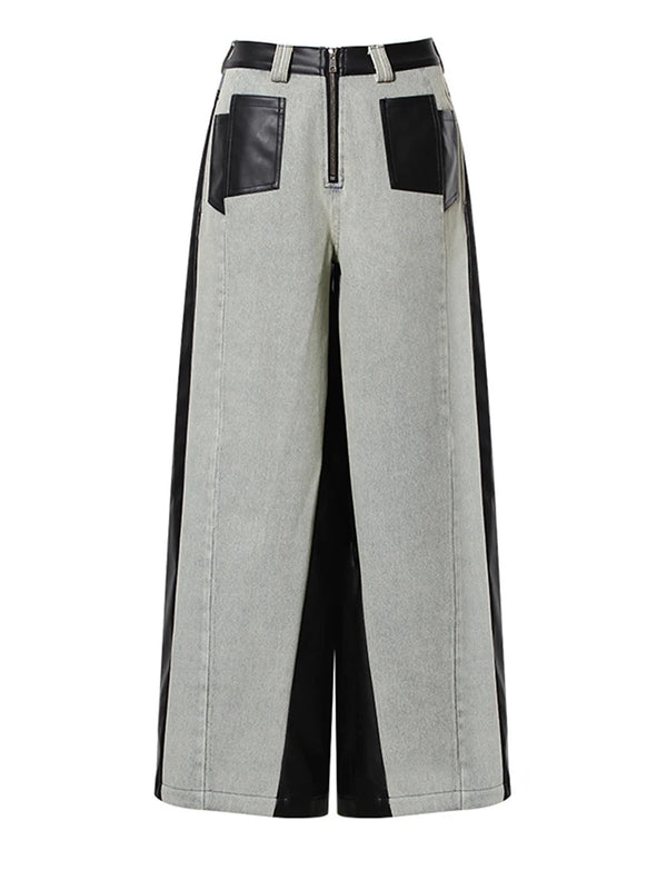 High Waist Wide Leg Jeans with Leather Panels