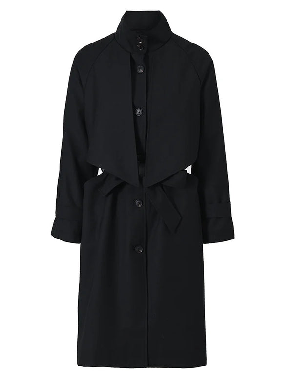 Back Button Long Sleeve Trench Coat In Black