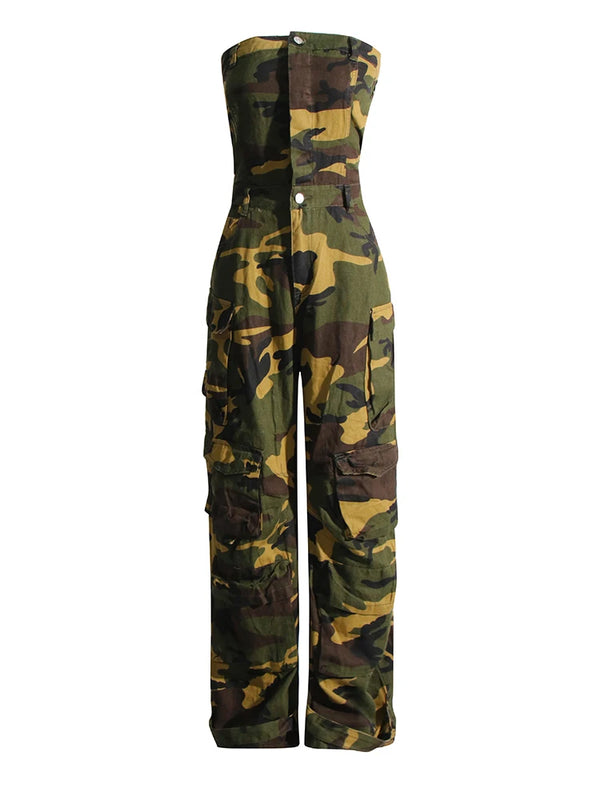 Strapless Wide Leg Jumpsuit with Patch Pockets in Camo Print