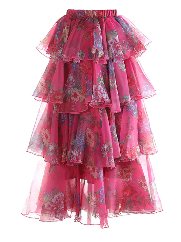 High Elastic Waist Printed Organza Layered Midi Skirt