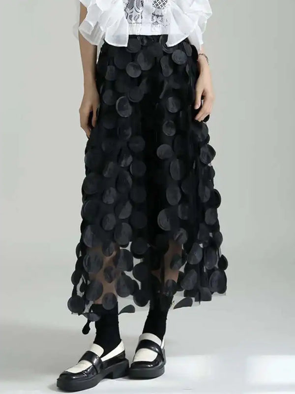 High Elastic Waist Dot Midi Skirt In Black
