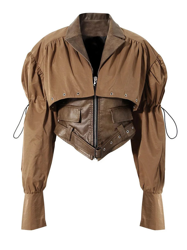 Long Sleeve Belted Drawstring Leather Jacket