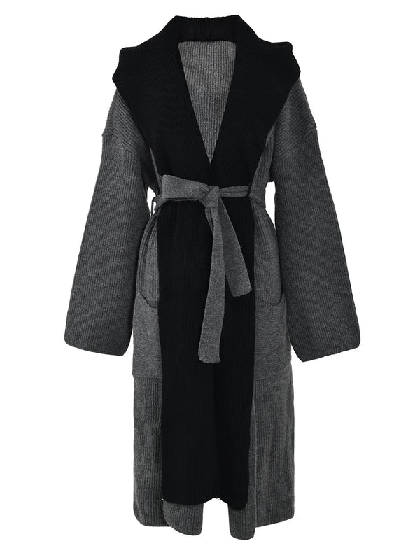 Color-block Oversized Knit Maxi Cardigan with Hood