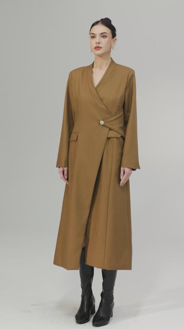 Loose V Neck Long Sleeve Spliced Button Temperament Trench Coat