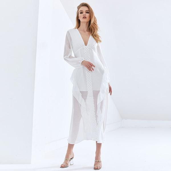V-Neck Long Sleeve High Waist Ruffle White Mesh Midi Dress