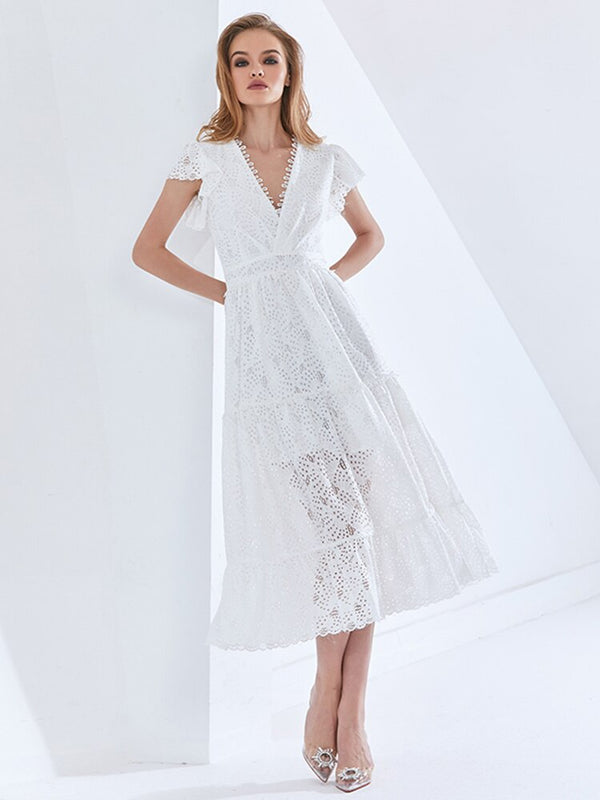 Hollow Out V-Neck Short Sleeve White Midi Dress