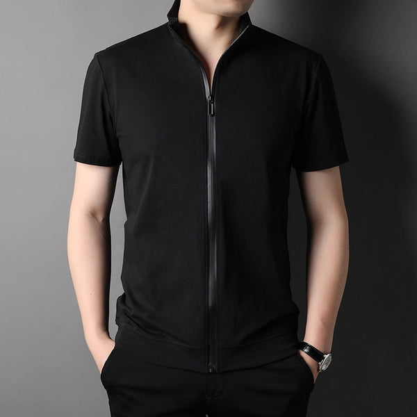 Zipper Solid Color Short Sleeve Casual T-Shirt