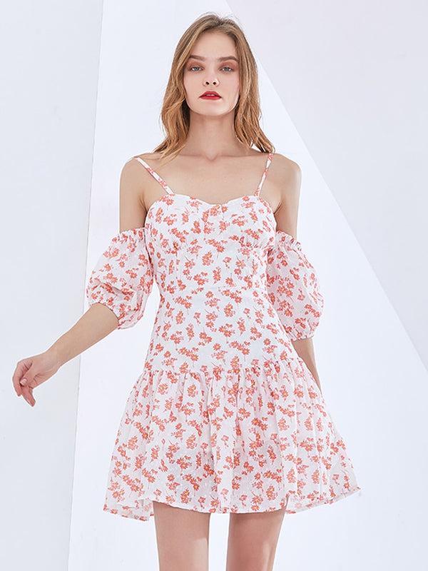 Off-Shoulder Puff Sleeve Floral Print Mini Dress