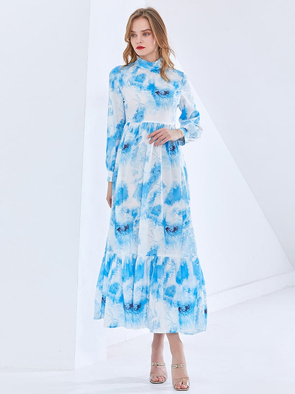 Stand Collar Long Sleeve Blue Print Midi Dress