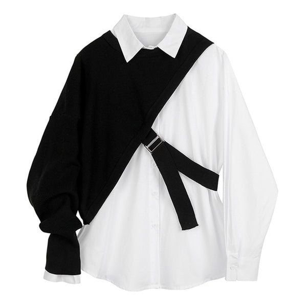 White Knitting Split Blouse Long Sleeve Shirt